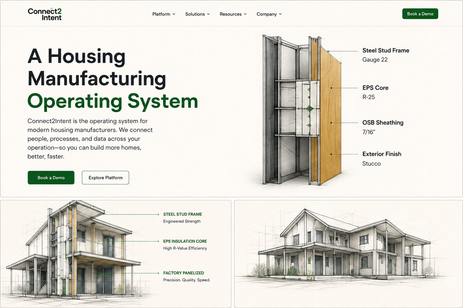 Green Planet Homes panelized steel and EPS wall system with two-story and single-family home renderings